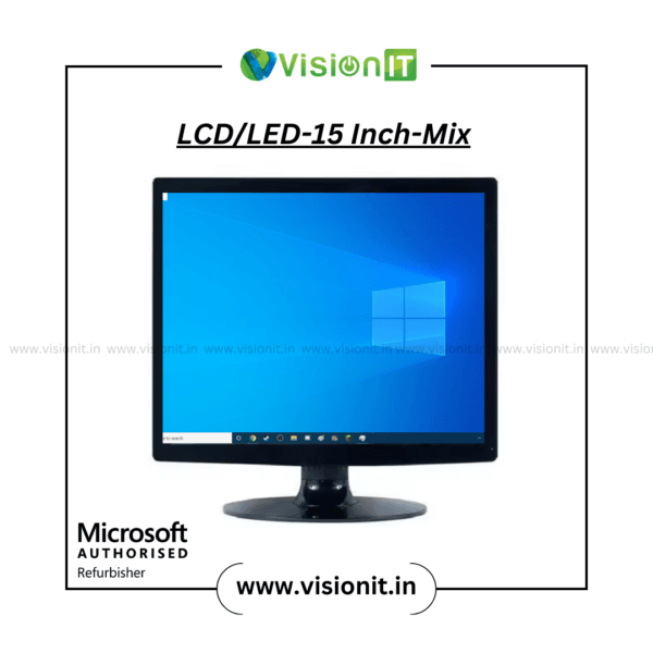 Refurbished 15-inch LCD/LED monitor with a sharp display, space-saving design, and energy-efficient performance.
