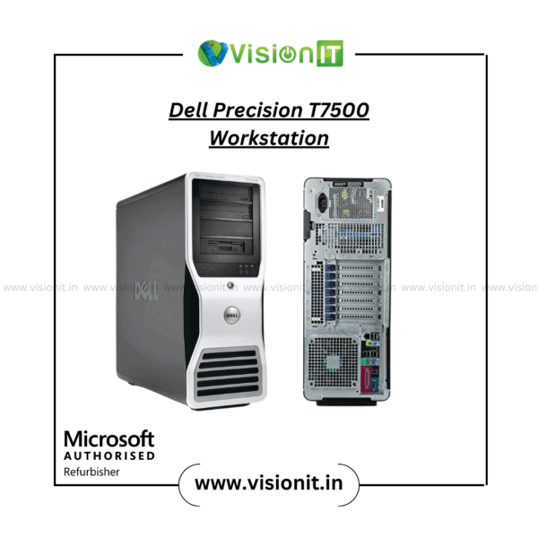 Refurbished Dell Precision T7500 Workstation with dual Xeon CPUs, 64GB RAM, PCIe graphics support, and 1125W PSU for rendering tasks