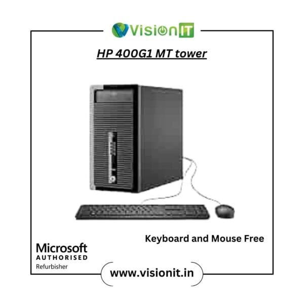 Front and side view of HP ProDesk 400/600 G1 MicroTower desktop designed for professional office performance