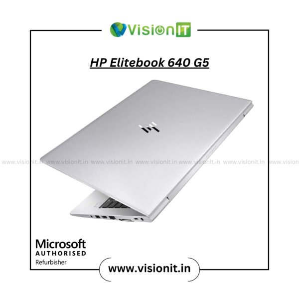 HP EliteBook 640 G5 silver business laptop three quarter view with 14 inch display backlit keyboard durable chassis