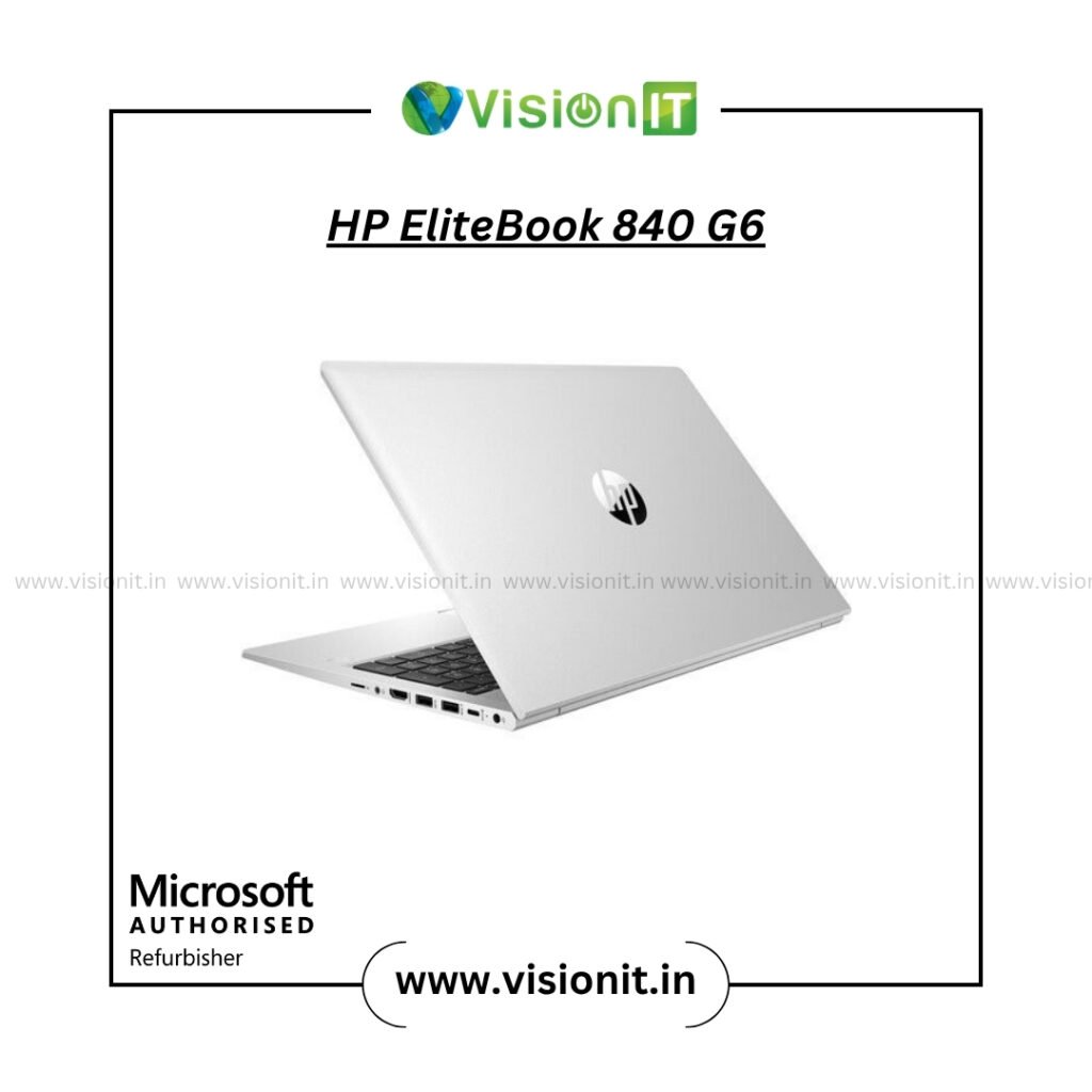 HP EliteBook 840 G6 laptop open on wooden desk with business documents