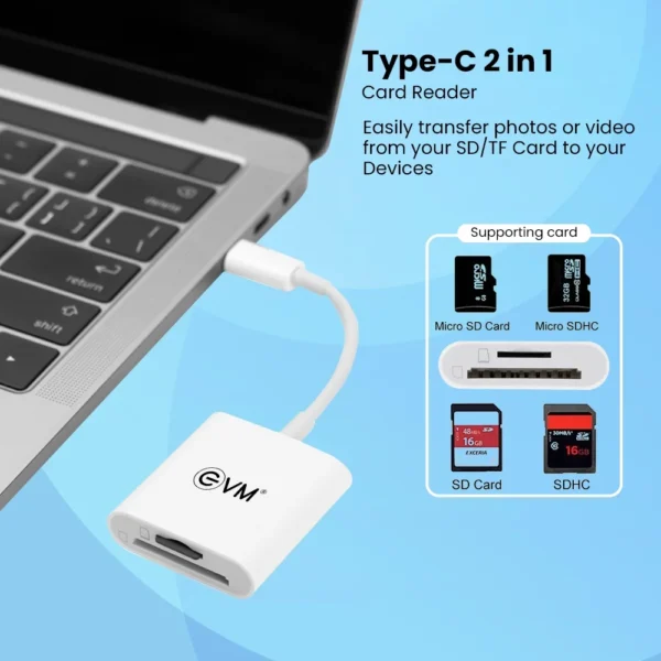 EVM Type-C 2 in 1 Card Reader for MacBook iPad Pro Android with SD and Micro SD support for fast data transfer