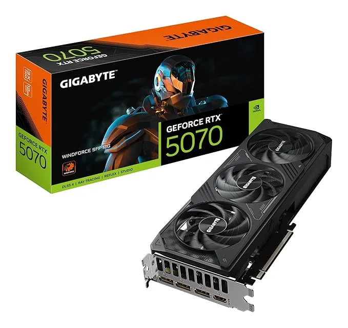 Gigabyte RTX 5070 12GB WindForce 3X graphics card with triple fan cooling for gaming streaming and creative work