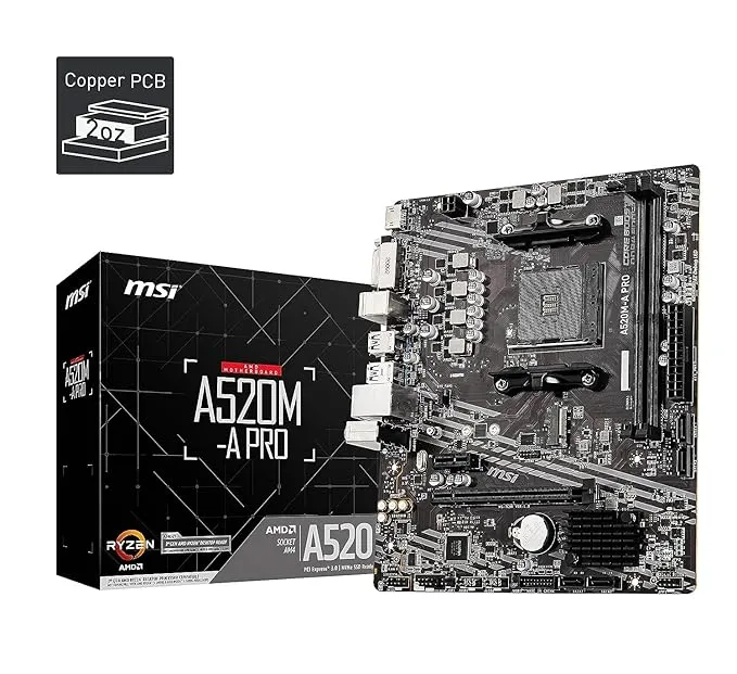 MSI A520M-A PRO AMD A520 Micro-ATX motherboard with AM4 socket and DDR4 support for Ryzen desktop builds in India