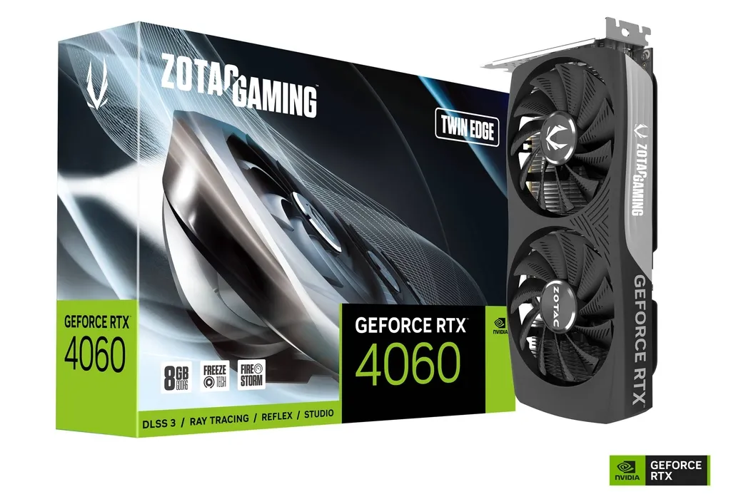 ZOTAC RTX 4060 Twin Edge 8GB dual fan gaming graphics card with DLSS 3 support for 1080p and 1440p gaming